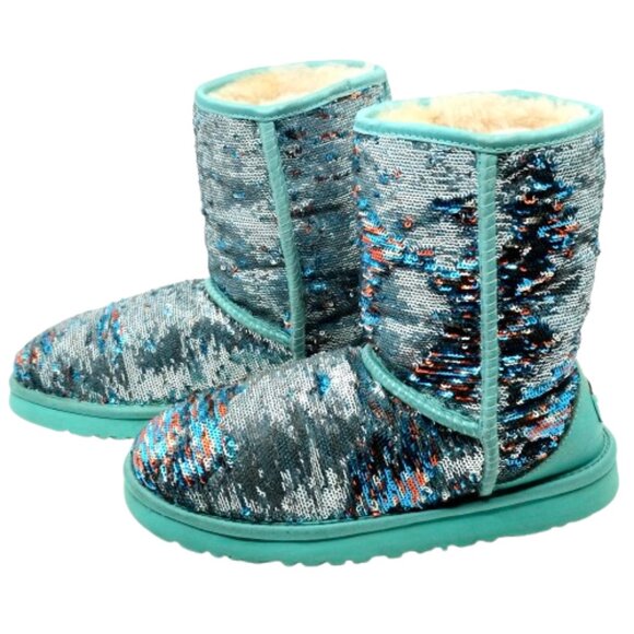 UGG~Classic Short Stellar Sequin~SHIMMERY BLUE SHEARLING ANKLE BOOTS SIZE 7 - Picture 3 of 7